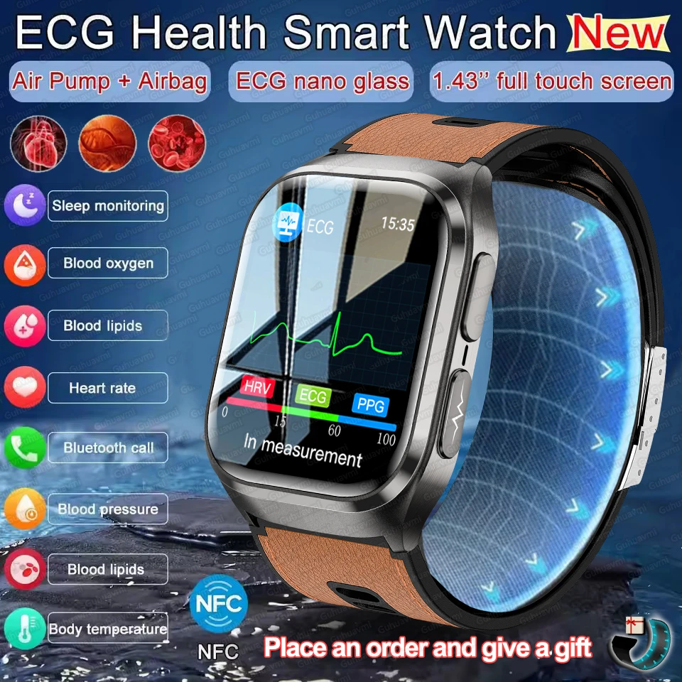 Новинка для HUAWEI ECG Air Bag Смарт-часы Мужчины Кровь Жир Артериальное давление Голосовое вещание NFC HD BT Вызов Здоровье Смарт-часы для женщин