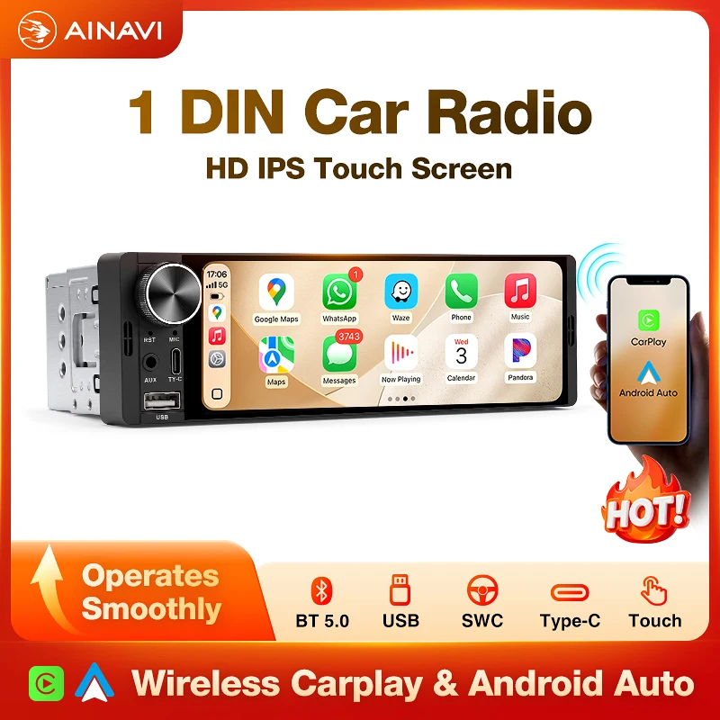 AINAVI Universal 1 Din Kabelloses Carplay Android Auto Autoradio 6,36 Zoll IPS HD Bildschirm MP5 Multimedia-Videoplayer Mit Type-C USB BT FM AUX K40S