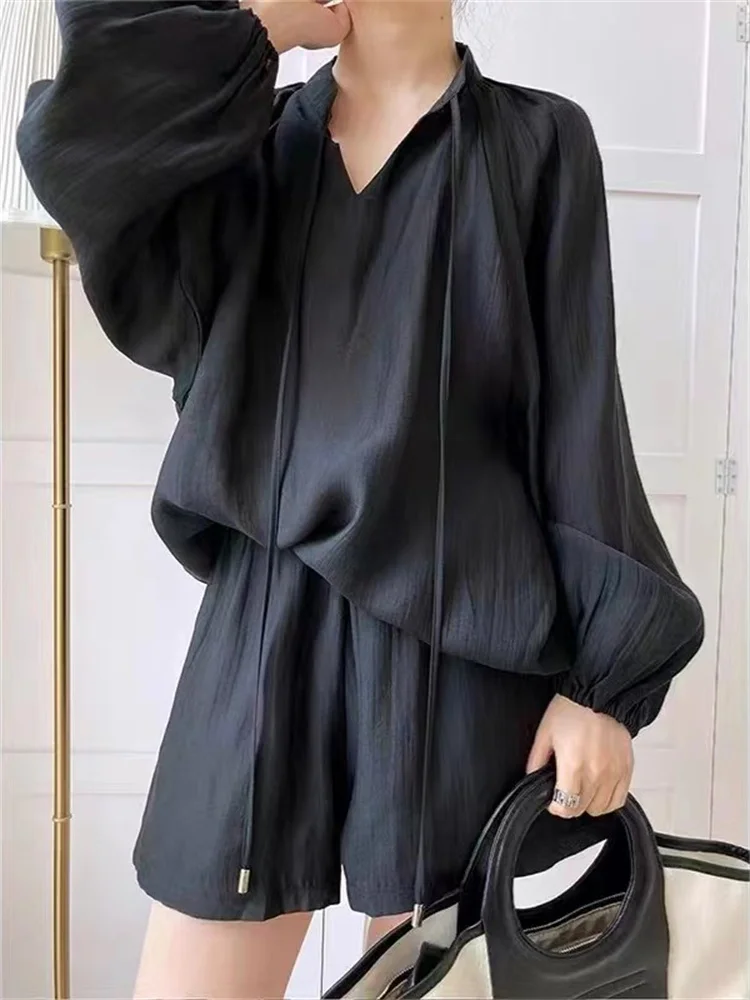 2 Two Piece Set Fashion Korea New Summer Long Sleeve Sunscreen Blouse Women + Ladies Womens Casual Loose Black Shirt Shorts Sets