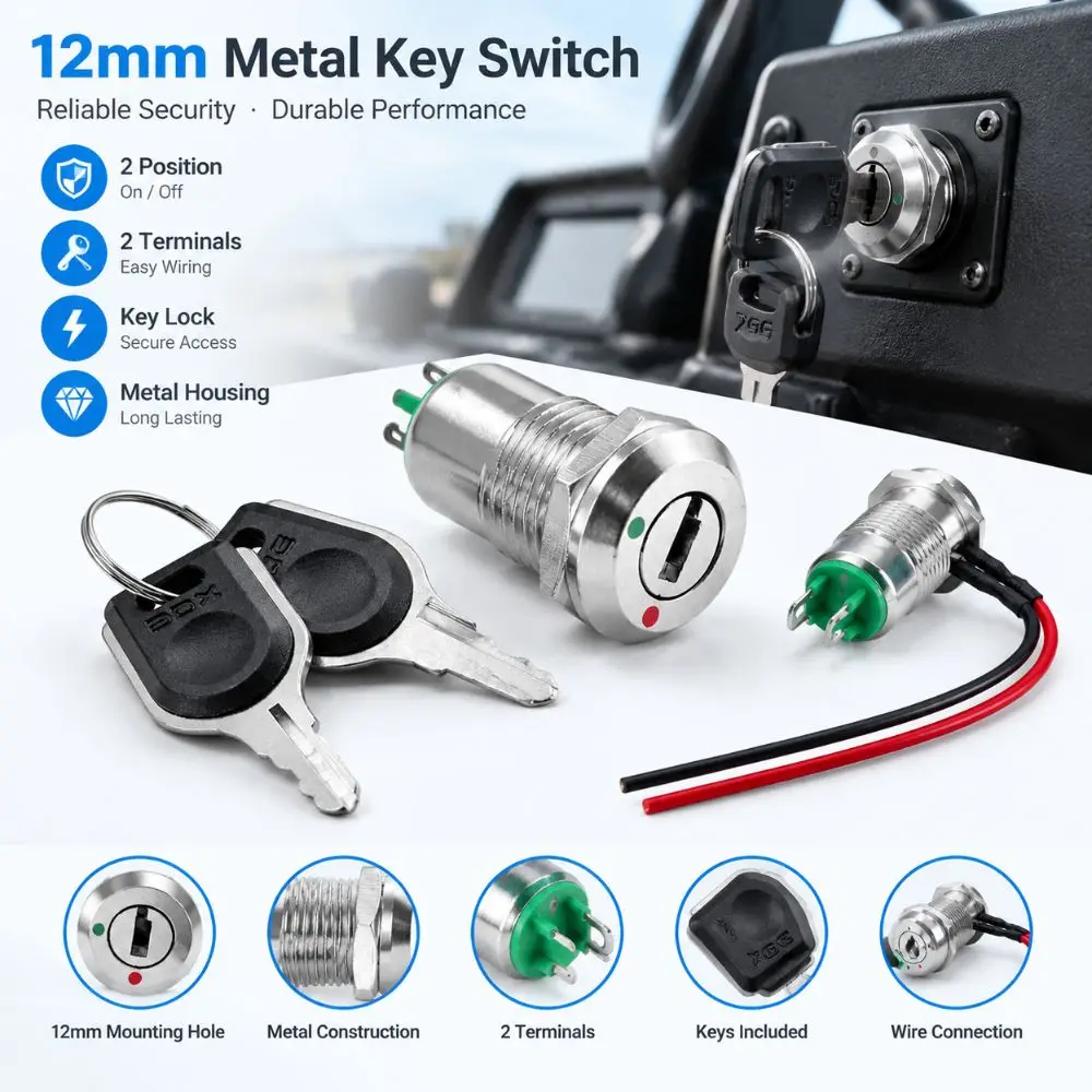 12mm Diameter Key Lock Switch Tubular Terminals ON OFF Function Metal Key Switch 2 Position Maintained Key Switch Control Panel