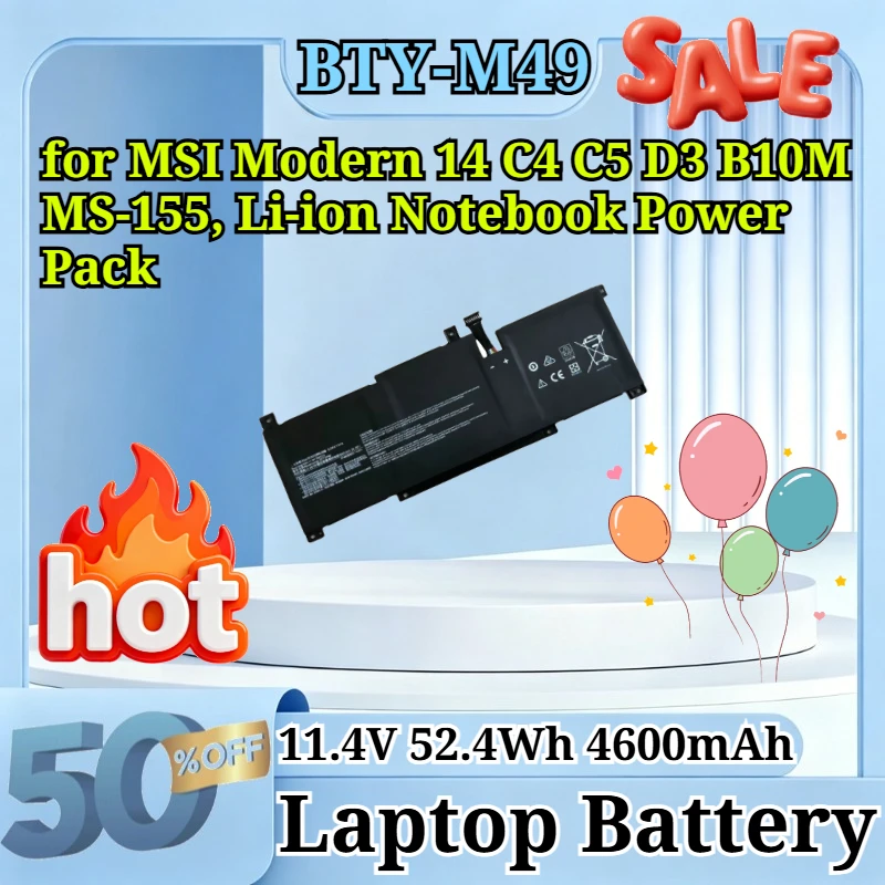 BTY-M49 11.4V 52.4Wh 4600mAh Replacement Laptop Battery for MSI Modern 14 C4 C5 D3 B10M MS-155, Li-ion Notebook Power Pack