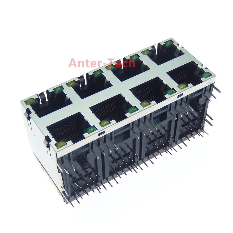 RJ45 2x4 2*4 Stacked 8 Ports Lighted Shielded Modular PCB Double Layer Jack 8P8C Right Angle Through Hole Network Connector Side