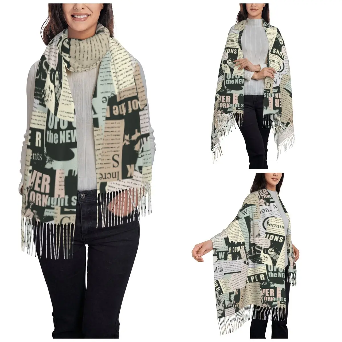 Vintage Newspaper Shawl Wraps Women Warm Long Soft Scarf Retro Magazine Neckerchief Shawl Scarves