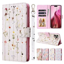 Hot Stamped Floral Pattern Photo Frame Card Slots Wallet Case for iPhone 11 12 13 14 15 Pro Max X XR 7 8 Wristband Flip Cover