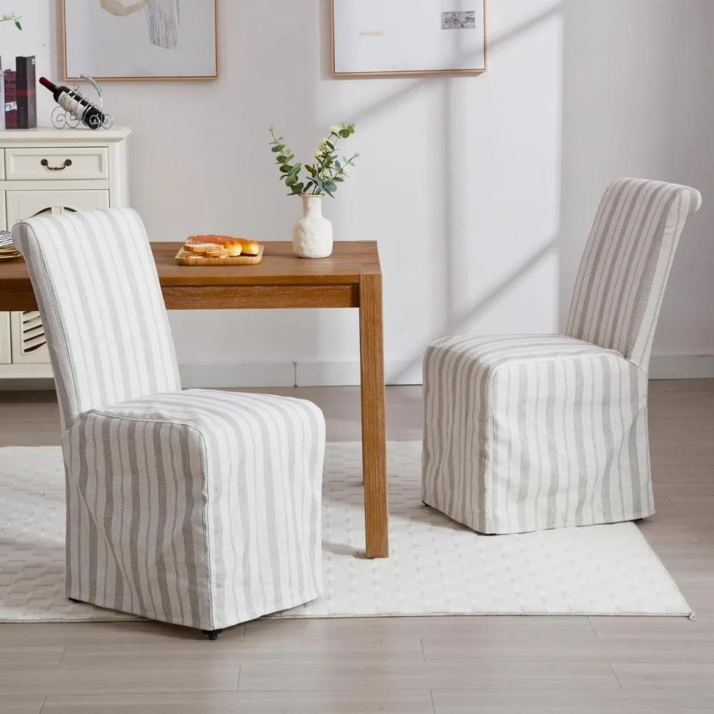 Dining Chairs Set of 2, Upholstered Armless Kitchen Chairs with Removable Linen Slipcover, High Back Wood Legs Side Chairs