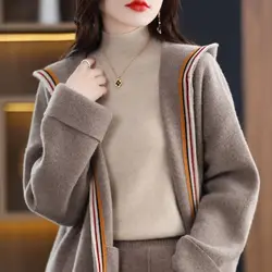 2024 High-end Luxury High-quality Wool Hooded Cardigan for Women Autumn and Winter New color Patchwork Zipper Loose Knit Jacket