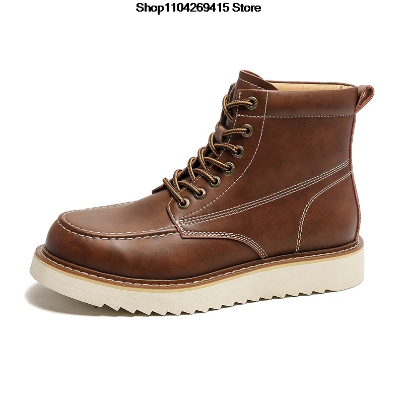 Men's fashion tooling work boots black brown Genuine leather shoes cowboy platform ankle boot outdoors short desert botas male