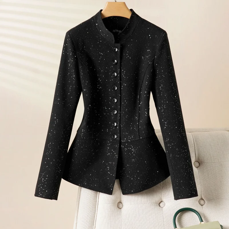 Autumn New Simple Suit Sequin Stand Collar Top Fashionable Waist Black Suit Jacket Women