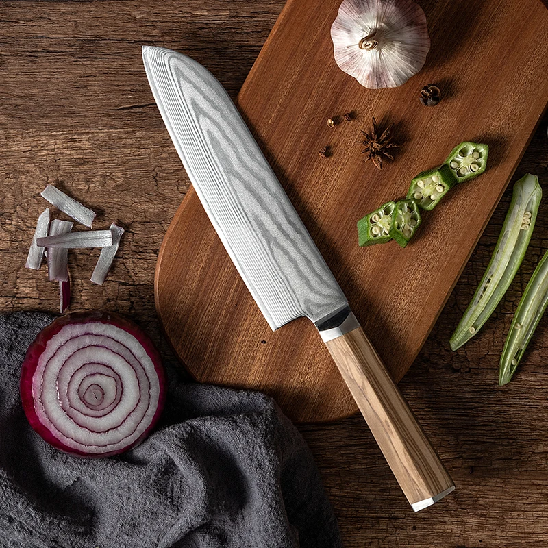 

7-дюймовый нож Santoku, 67 слоев, дамасский стальной клинок AUS10, острый нож для нарезки, японский кухонный нож, шестиугольная оливковая ручка