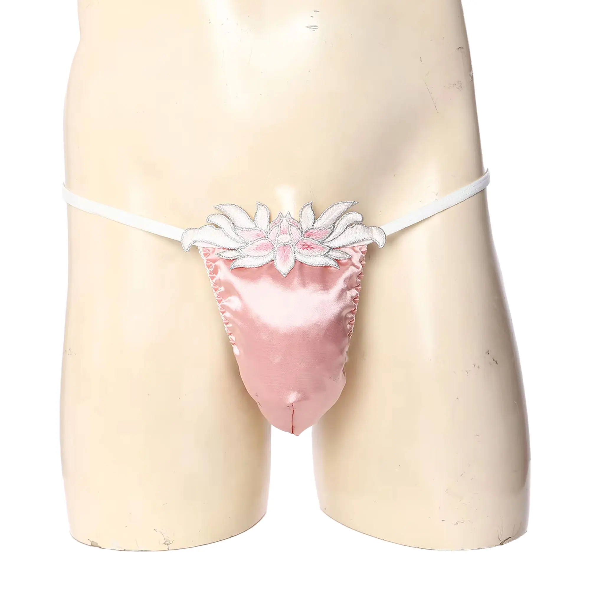 Sissy T-back Thongs Underwear Men Low Rise Floral Embroidery Patch Stain Pouch Spaghetti Straps Micro Briefs Lingerie Nightwear