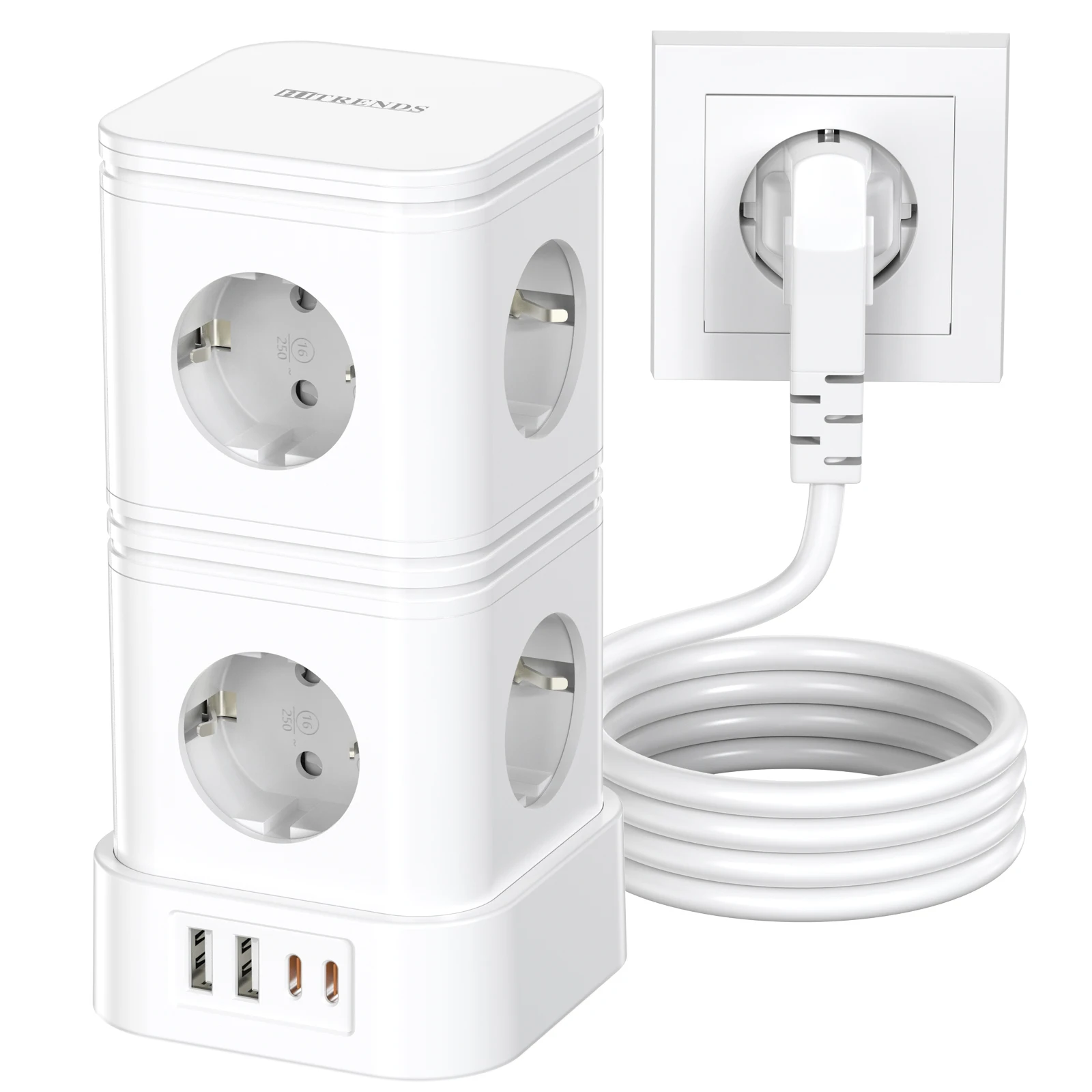 

12-in-1 vertical tower socket, 2USB-C/2USB-A fast charging, 2-meter extension cable, main control switch, travel, office, home
