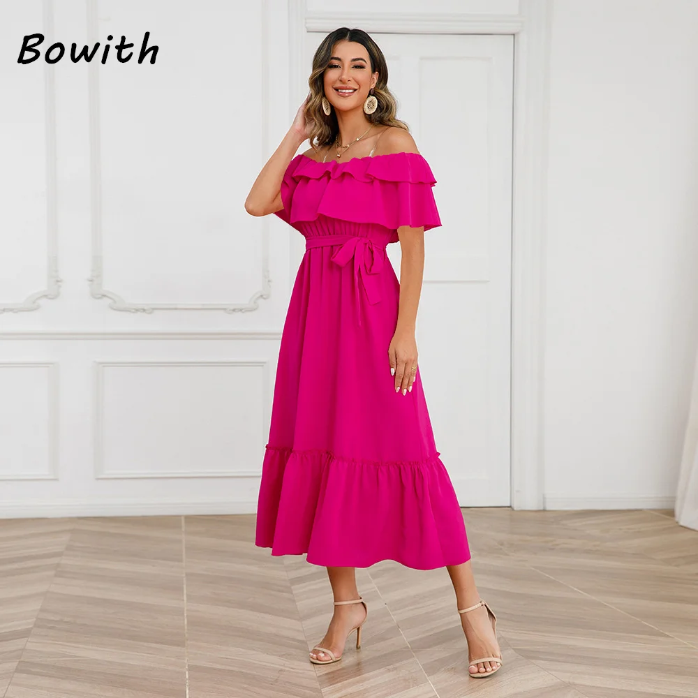 Bowith Short Sleeve Formal Dress One Line Collar Mother's Clothing Wedding Party Elegance for Women Dresses New2024 vestidos