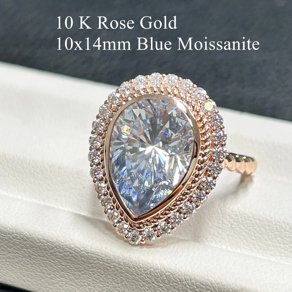 Meisidian 8 Carat Pear Blue Moissanite 10K Rose Gold Women Wedding Engagement Ring