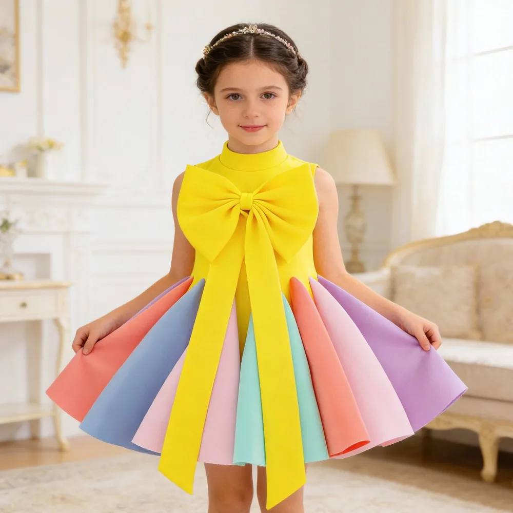 

Праздничное платье для девочек 2026 года с большим бантом, радужное, для маленьких принцесс, размеры 110-150 см