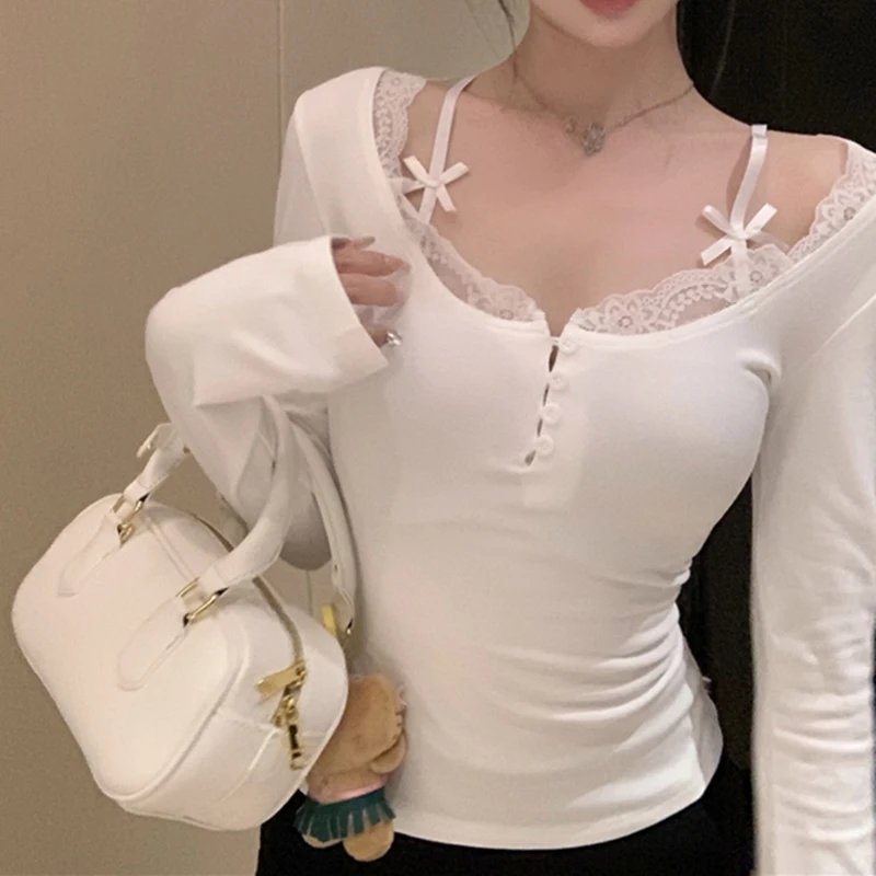 Y2k Sweet White T Shirts Korean Slim Lace Patchwork Bow Long Sleeve Female Casual Tees Spring Fashion New All Match Ladies Tops