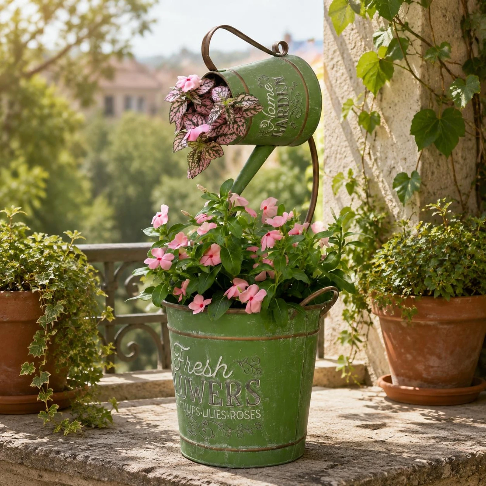 Vintage Metal Planter Embossed Rustic Plant Pot Watering Can Planter Iron Art Home Decoration for Balcony, Patio