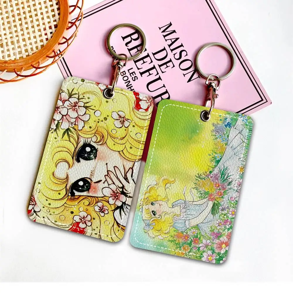 Cartoon Women's Candy Candy 1Pc Access Card Case Leather Card Holder Keychain Key Ring Door Access Tags ID Card Case Keychain