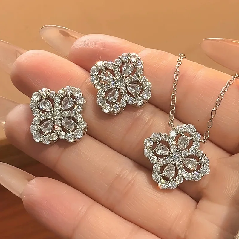 

Jewelry Set Earrings S925 Silver Needle Necklace Inlaid with Zircon Four-Leaf Clover Clavicle Chain Fashion Versatile Women
