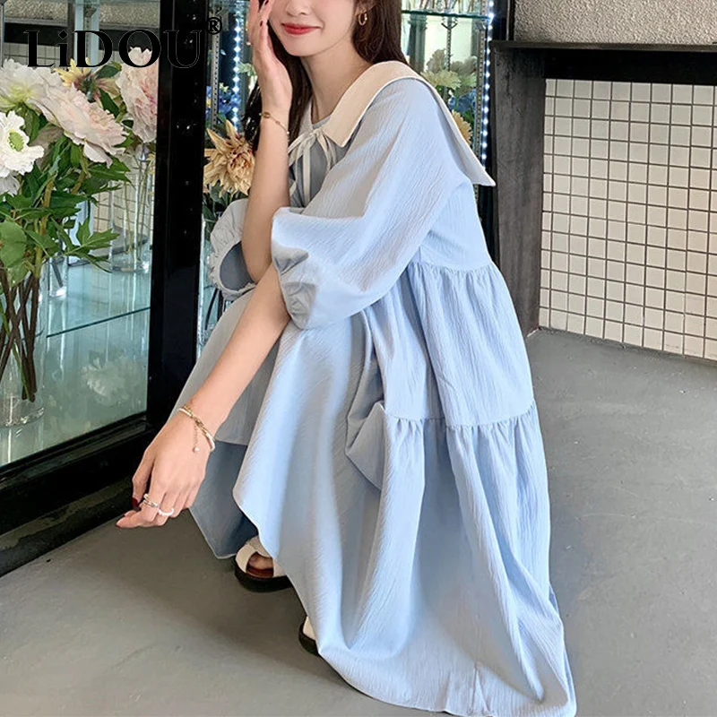 

Summer Doll Collar Lace Up A-line Mini Dress Women Loose Casual Lantern Short Sleeve Sweet Robe Female Vintage Patchwork Vestido