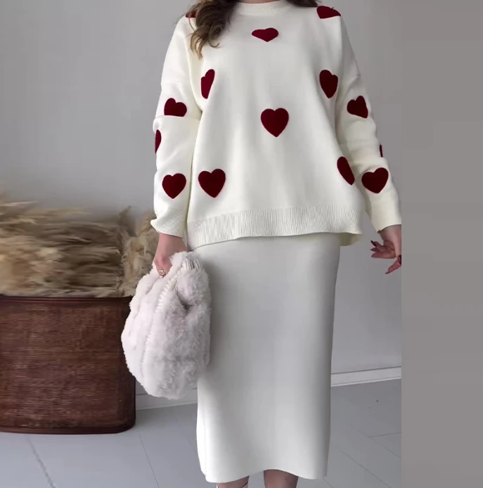 Conjunto de duas peças de malha estampado amor, suéter com tampa da cabeça saia longa, roupa casual elegante, novo, outono, inverno, primavera, 2022