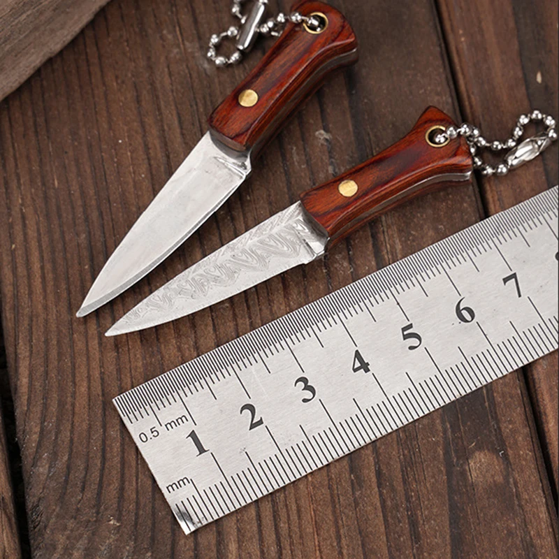 MINI Damascus Laser Pattern Knife Portable Unboxing Small Blade Straight Knife With Leather Case CS GO Outdoor Camping EDC Tool