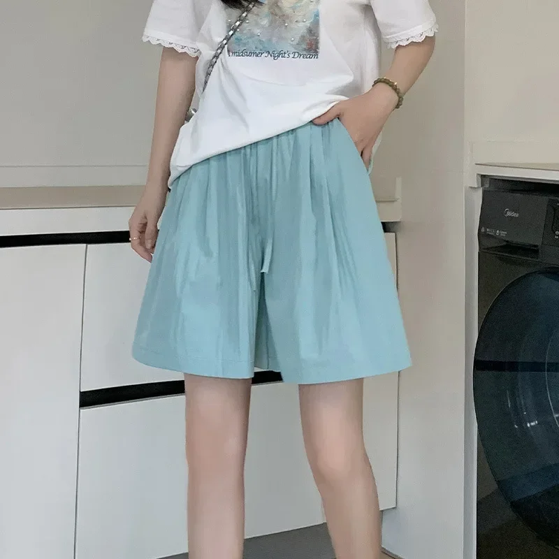 

New Patchwork Elasticized High-waisted Drawstring Pocket Solid Color Fashion Loose Casual Shorts Ice Silk Summer Women's 2025