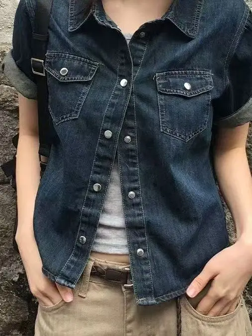 Retro Denim Short Sleeve Shirt Women's Casual Thin Cotton Blend Summer New Style Loose Slimming Versatile Trendy Vest Jacket