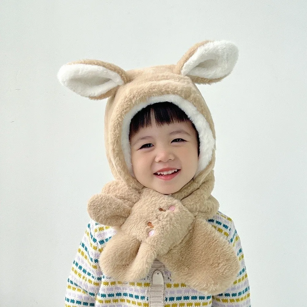 New Plush Integrated Hat Scarf Set Warm Windproof Neck Warmer Coldproof Ear Protection Hat Kids