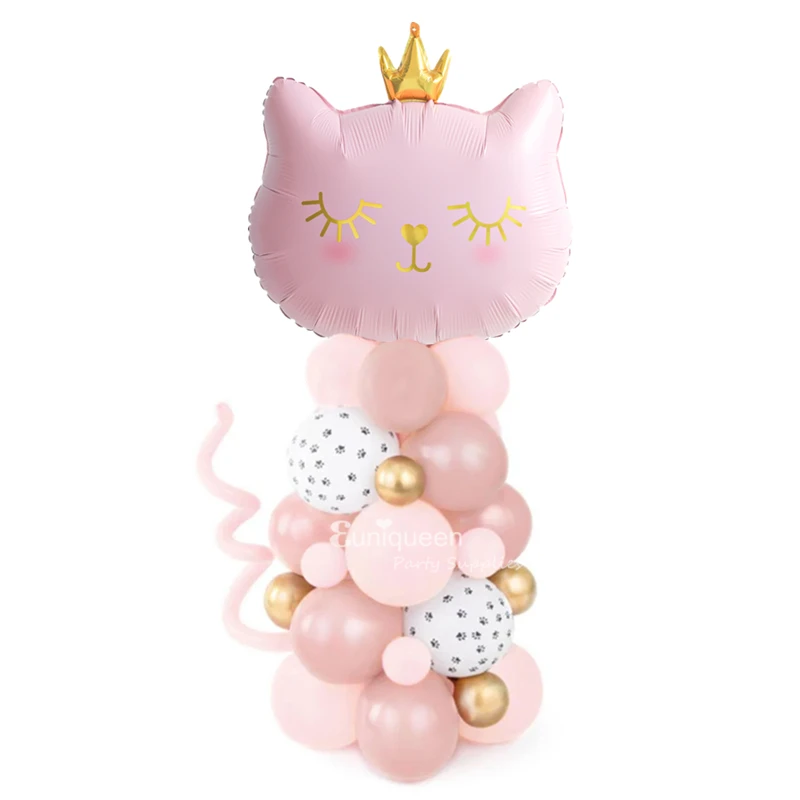 Girls Pink Cat Balloon Centerpiece Bouquet Column Cat Theme Baby Shower First Year Old Birthday Party Balloon Decoration