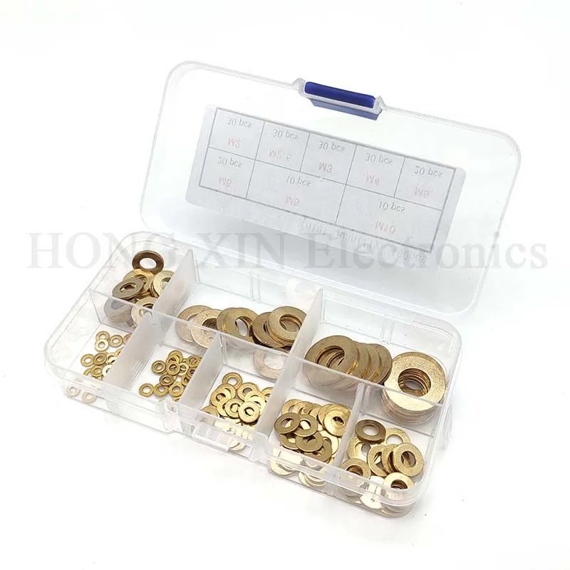 180Pcs Messing Flache Scheibe Sortiment Set mit Box M2/M2.5/M3/M4/M5/M6/M8/M10 Metall Scheiben