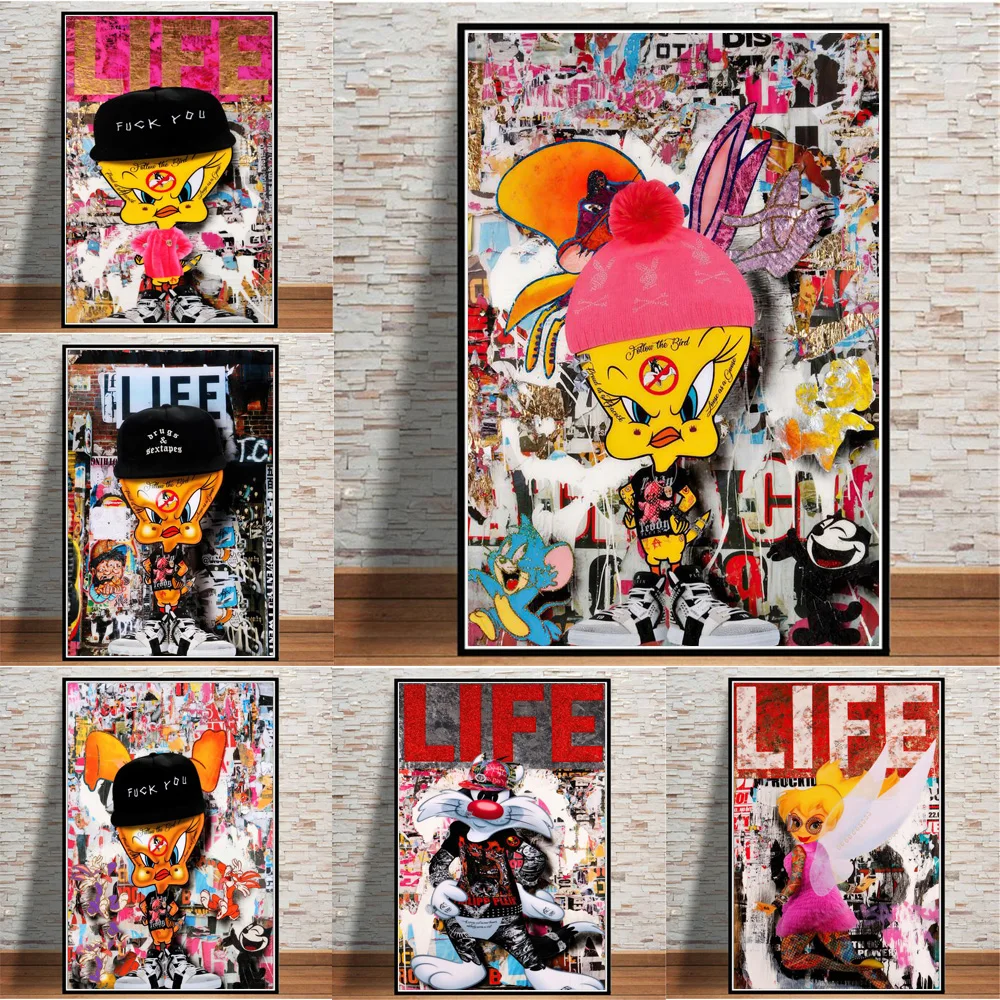 Cartoon Sneaker Bird Funny Canvas Prints Collage Graffiti Poster Painting On Cute Animal Wall Art Pictures For Living Room