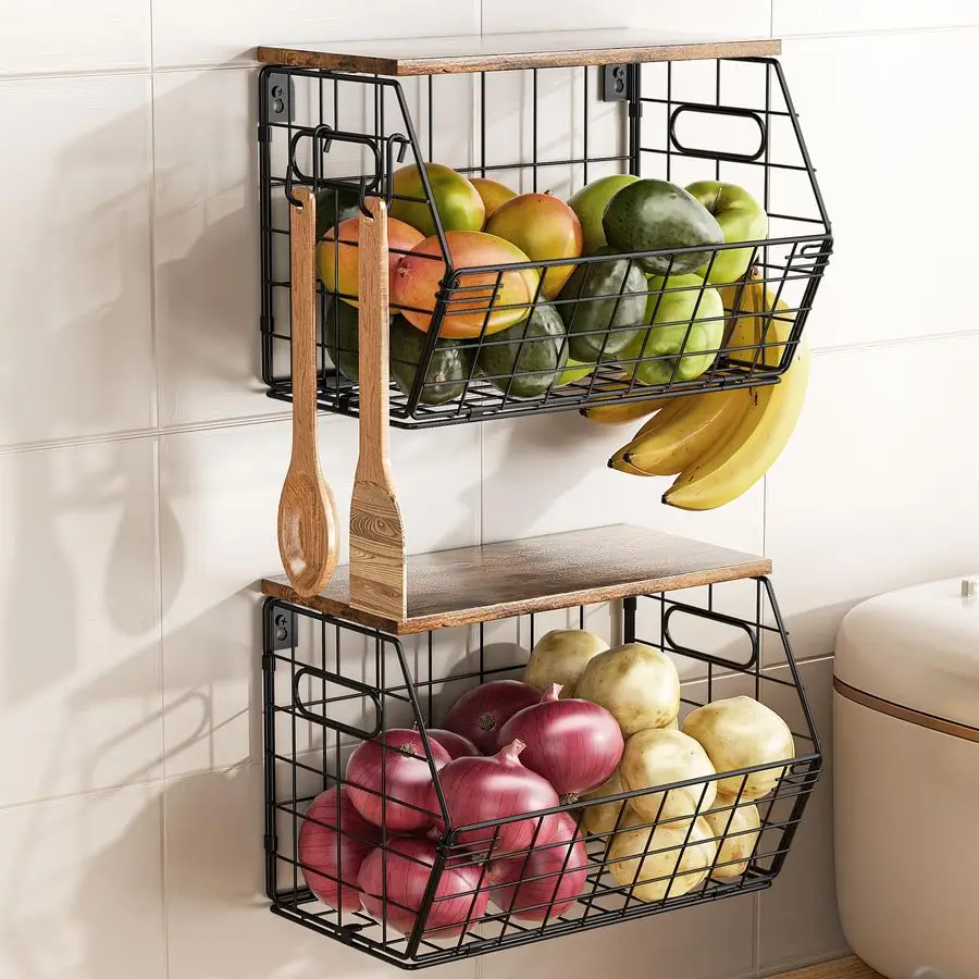 

Stackable Metal Fruit Basket with Wood Lid 2 Pack, Hanging Wall Organizer for Kitchen Counter, Pantry Storage for Onions, Potato