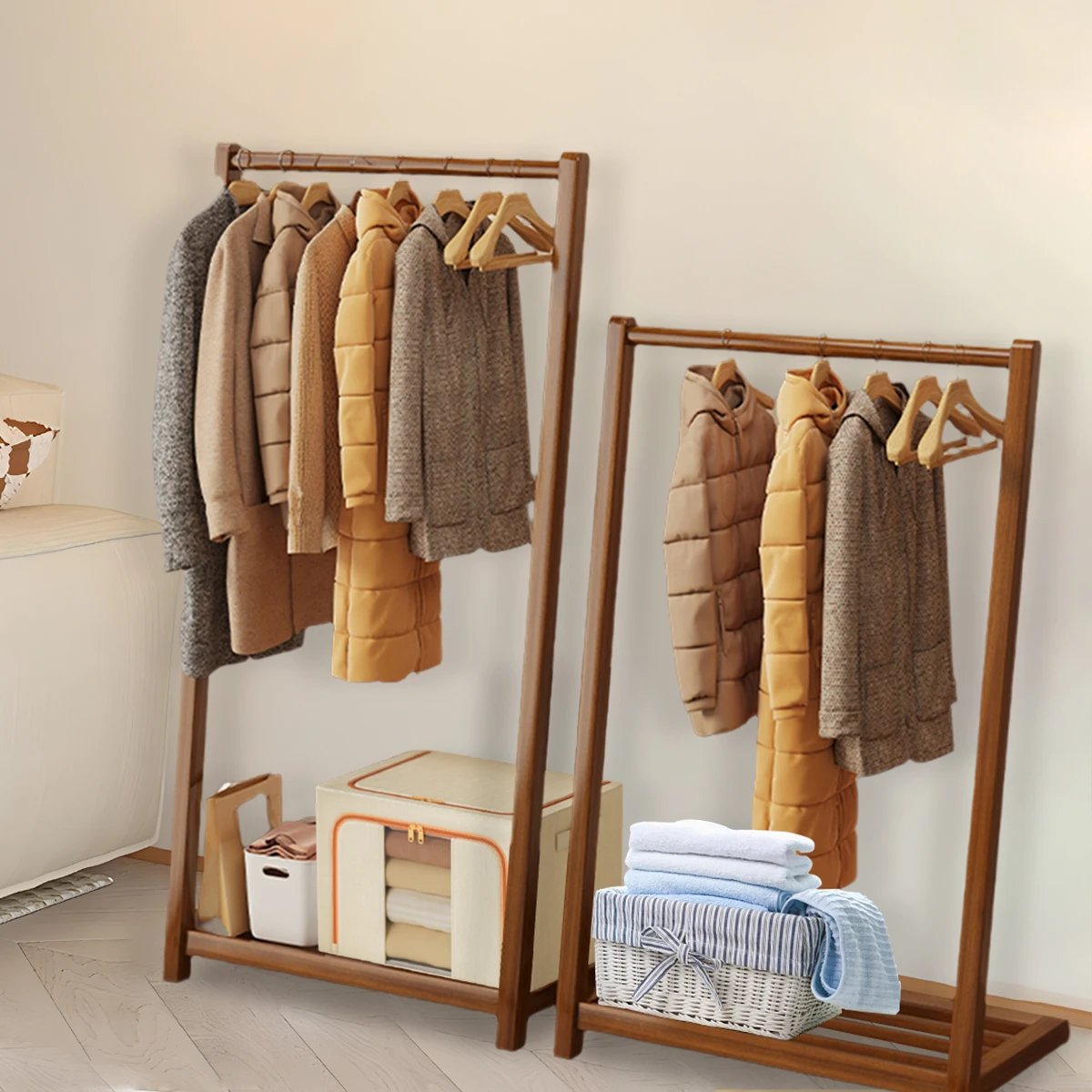 

Multi-Functional Bamboo Floor-standing Clothing Display Rack - Elegant Storage for Bedroom, Bathroom & Balcony, Solid Structure