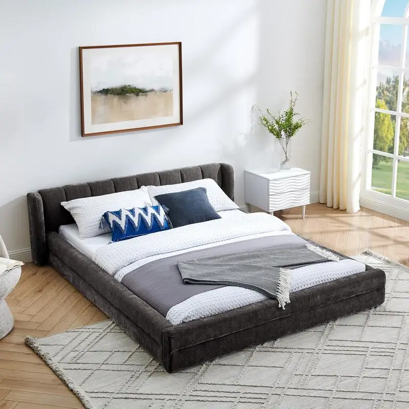 Queen Size Upholstered Bed Frame, Thick Chenille Fabric Platform Bed with Headboard, Solid Structure, Dark Grey, 87x67x23.5