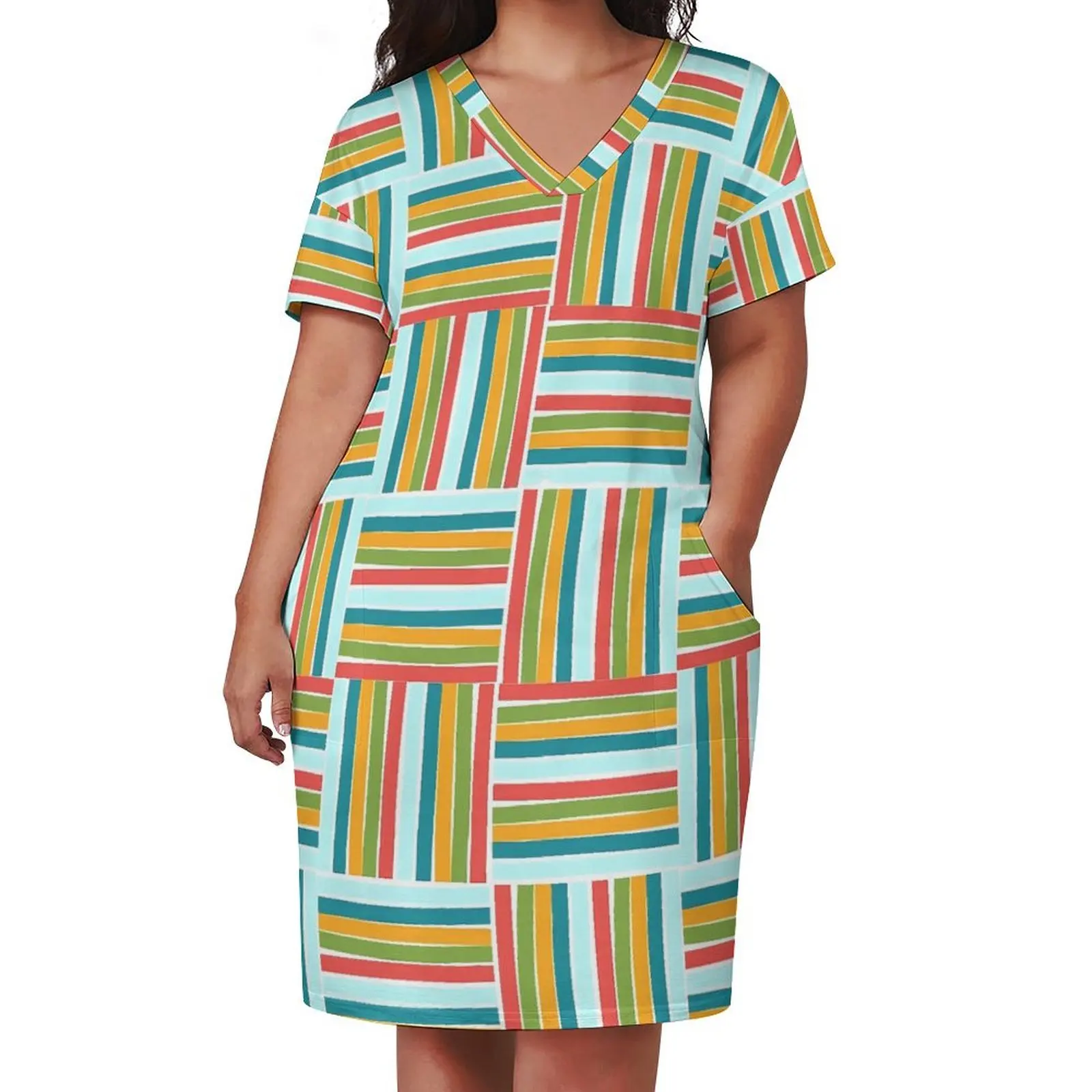 Color Block Casual Dress Summer Colorful Stripes Modern Dresses Women V Neck Pattern Street Wear Dress Big Size 5XL