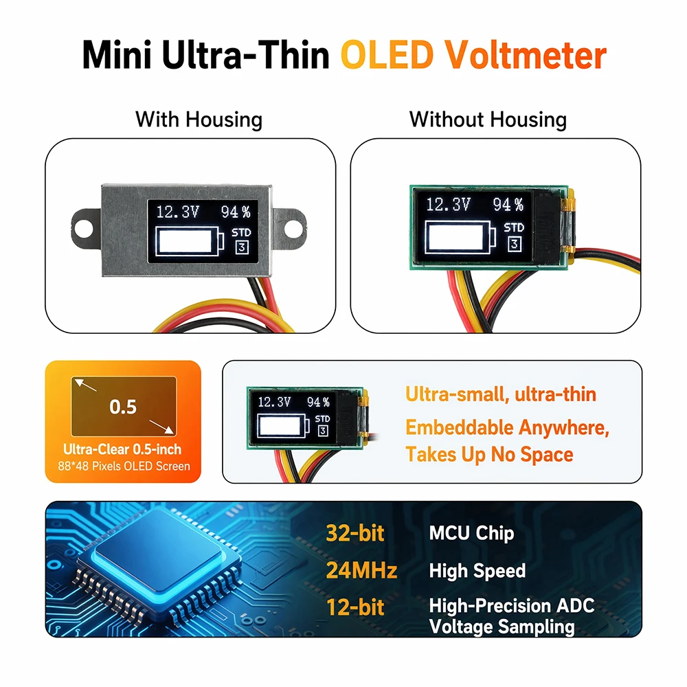 Ultra-thin Digital Voltmeter Charging Percentage 0.5'' OLED Display 1-6S Reverse Connection Protection Mini Embedded Volt Meter