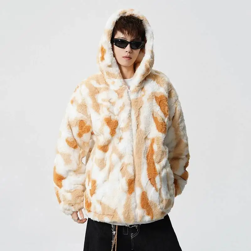 Fur Tie-Dye Cotton men's Coat Hooded Thickened Jacket 2025 long sleeve contrast color male tops 21BV7