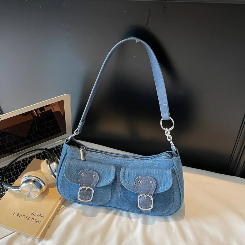 

2025 винтажные джинсовые сумки через плечо для женщин, роскошные однотонные сумки для подмышек, дорожные сумки для поездок на работу
