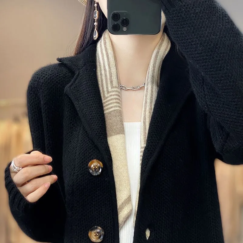 Suit Collar Thickening Type Sweater Cardigan Jacket Female New Autumn and Winter Models Loose Lazy Wind All-match Knitwear Tide