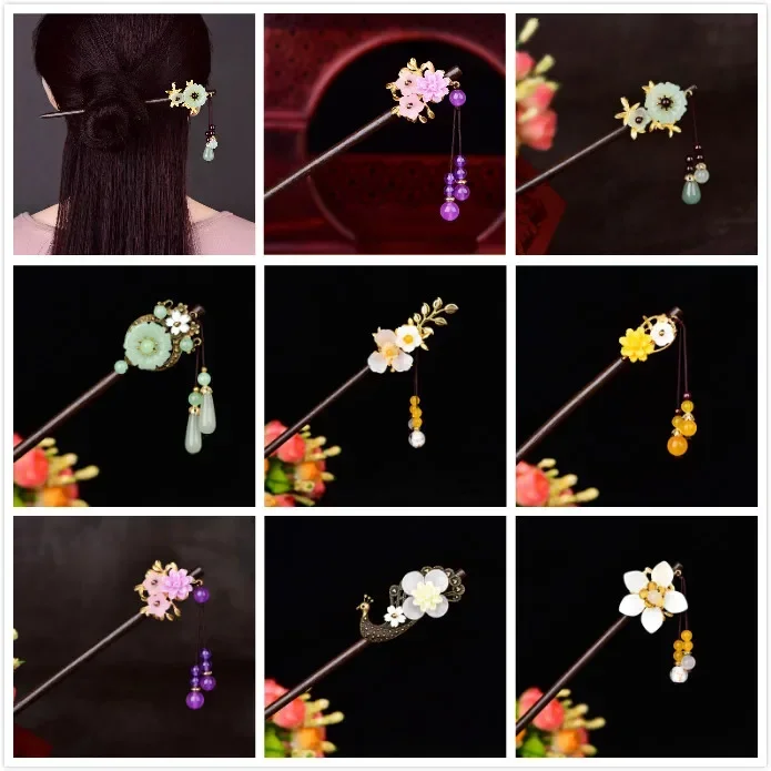 Chinese Ethnic Ancient Hairpin Headwear Hanfu Tassel Princess Step Shake Ancient Characteristic Wood Coloured Glaze Hairpin