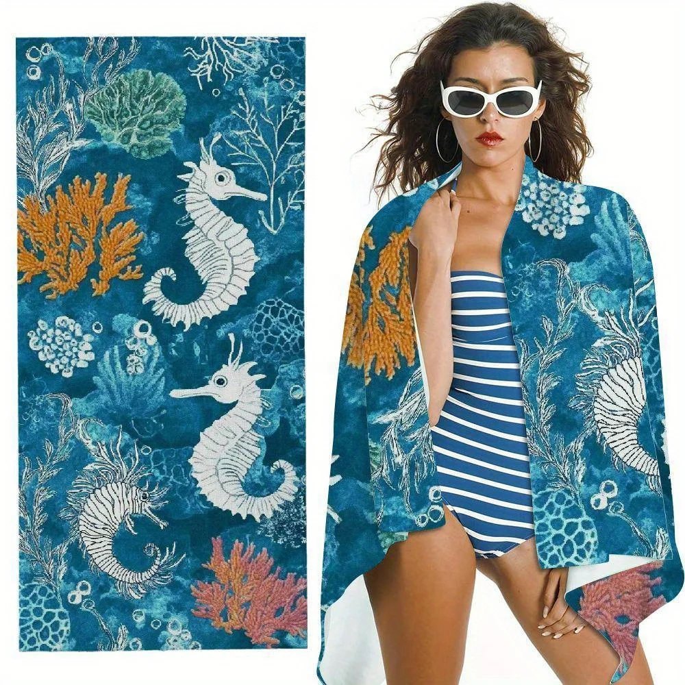 Seahorse & Coral Reef Beach Towel - Soft, Super Absorbent & Vibrant Underwater Design for Summer Fun & Relaxation Experience