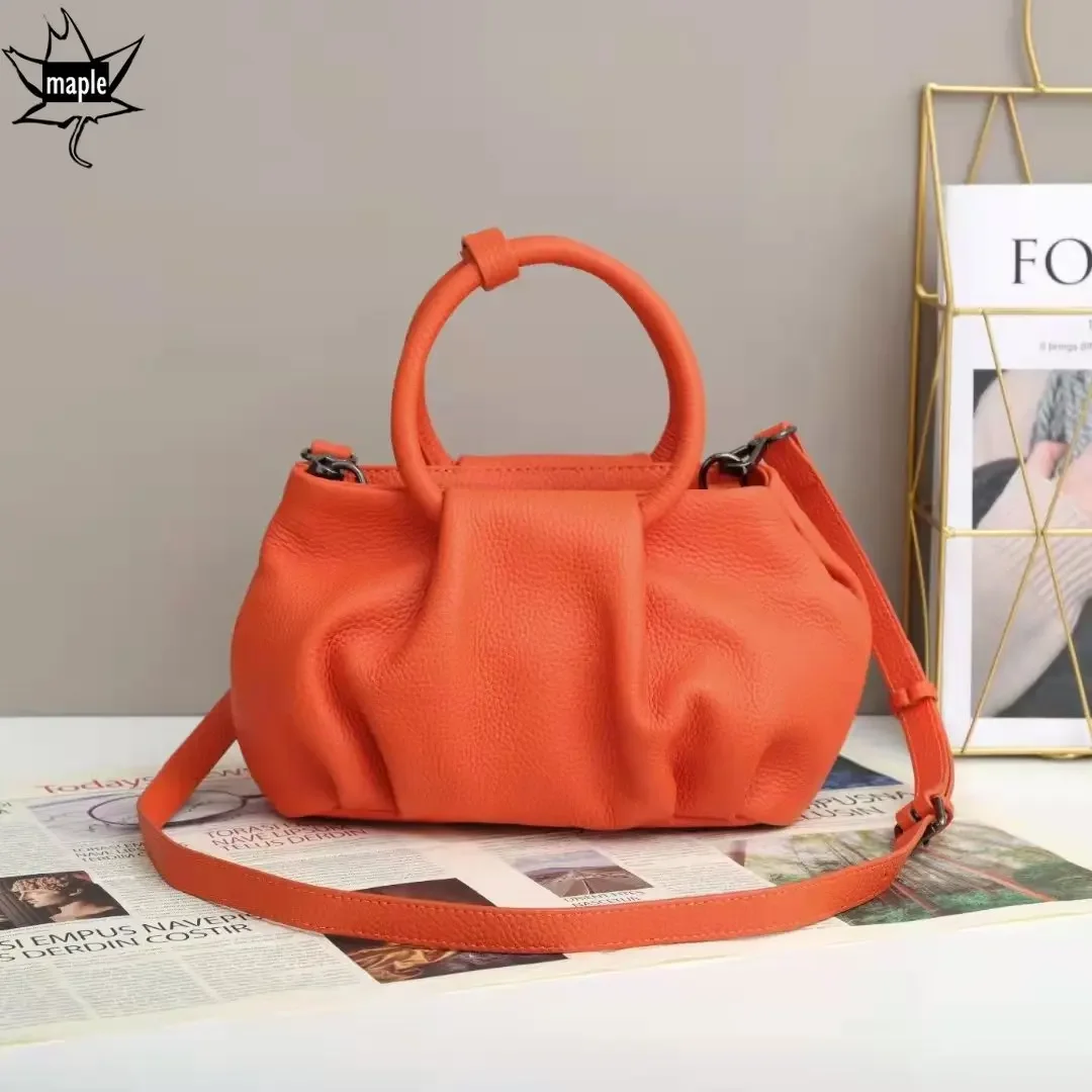 Upgrade Verson Ruched Design Cloud Bag Circle Top-handle Women Handbag 100% Natural Cow Leather Female Crossbody Bag Orange Pink