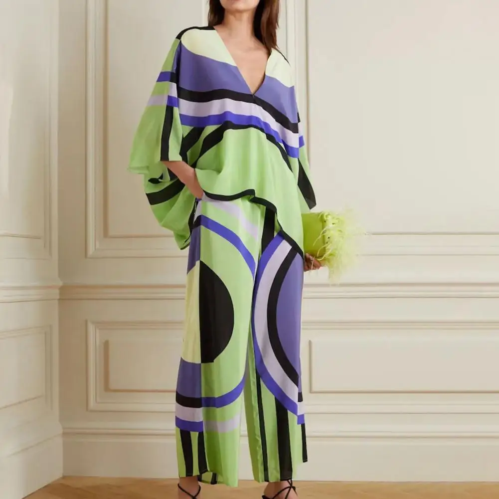 

Комплект женской одежды с широкими штанинами, Свободный Топ с V-образным вырезом и брюки контрастных цветов, с рукавом летучая мышь, большие размеры