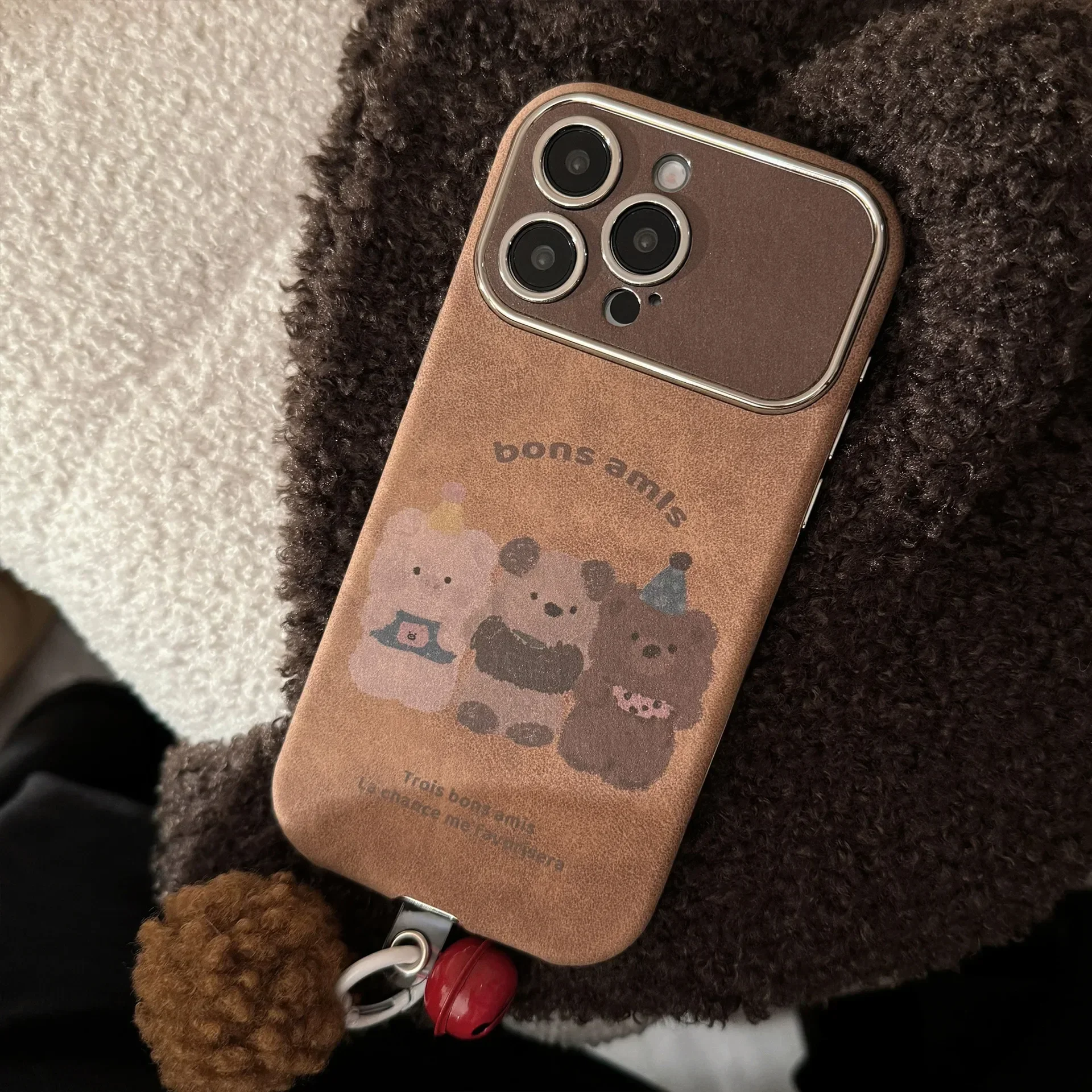 animals party winter Suede Plush ball Pendant Phone Case For iPhone 16 15 14 13 12 Pro Max Case Cute Retro Cartoon leather Cover