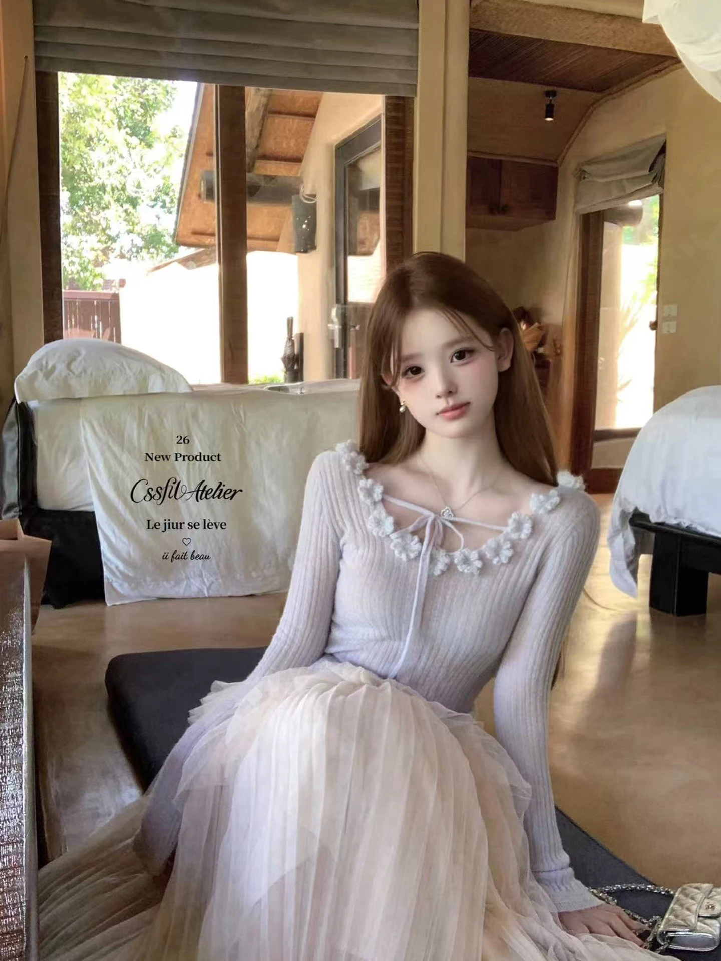 

Handmade Beaded Flower Gentle Knitted Belted Top Women's Long Sve Regular Length Spring Season Blue Color Fast Faion