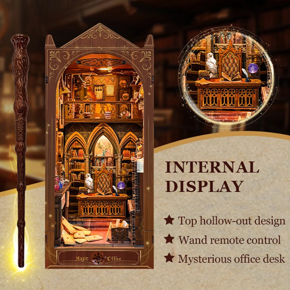 NEW DIY Wooden Magic Office Book Nook Shelf Insert Kits Miniature Model Kit With Light Bookend for Friends Birthday Gifts