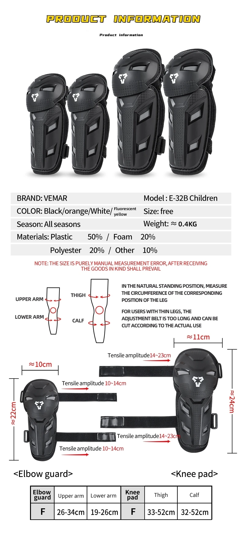 Kids Motorcycle Riding Body Armor/Elbow Knee Protector Children Motocross Back Vest Chest Off-Road Moto Cycling Protective Gear