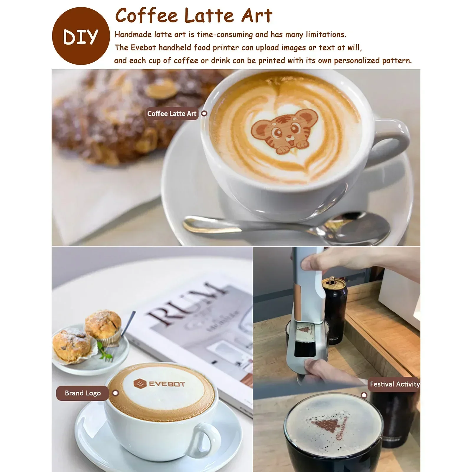   طابعة طعام محمولة باليد من Printpen، نفث حبر فني صغير للقهوة لاتيه لتصميم أنماط DIY BT لاسلكي للمطاعم