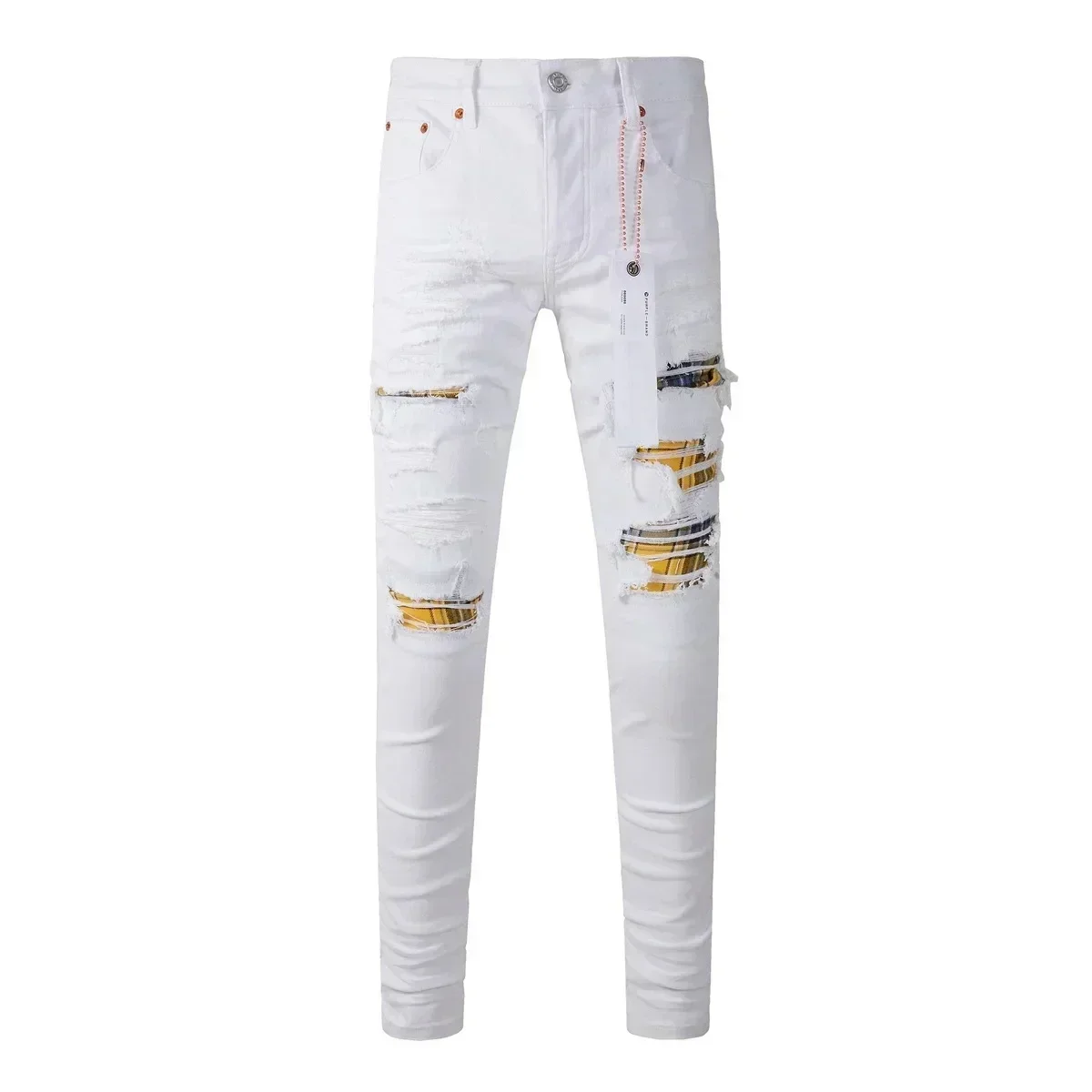 Calças jeans apertadas convexas baixas masculinas, calça streetwear, remendo branco, reparo de buracos, marcas de moda púrpura, qualidade superior