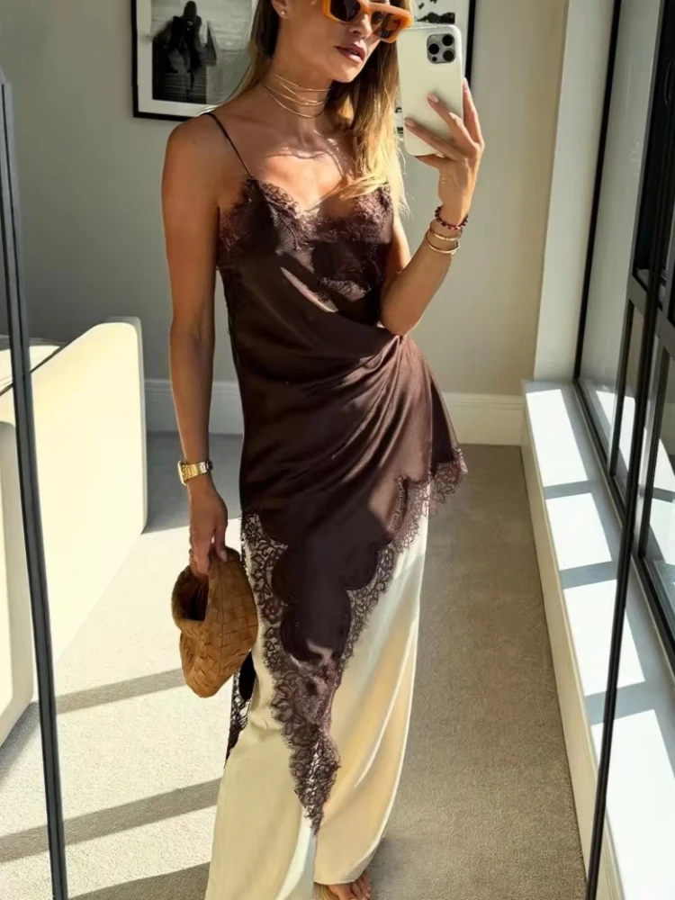 Satin Asymmetrische Patchwork Spitze Sexy Kleid Frauen Elegante Schlinge Backless Split Schwarz Kleid Weibliche Party Club Kleid Streetwear